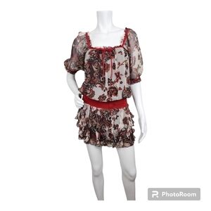 Bebe Paisley Floral Drop Waist Off Shoulder Silk Dress Size XS